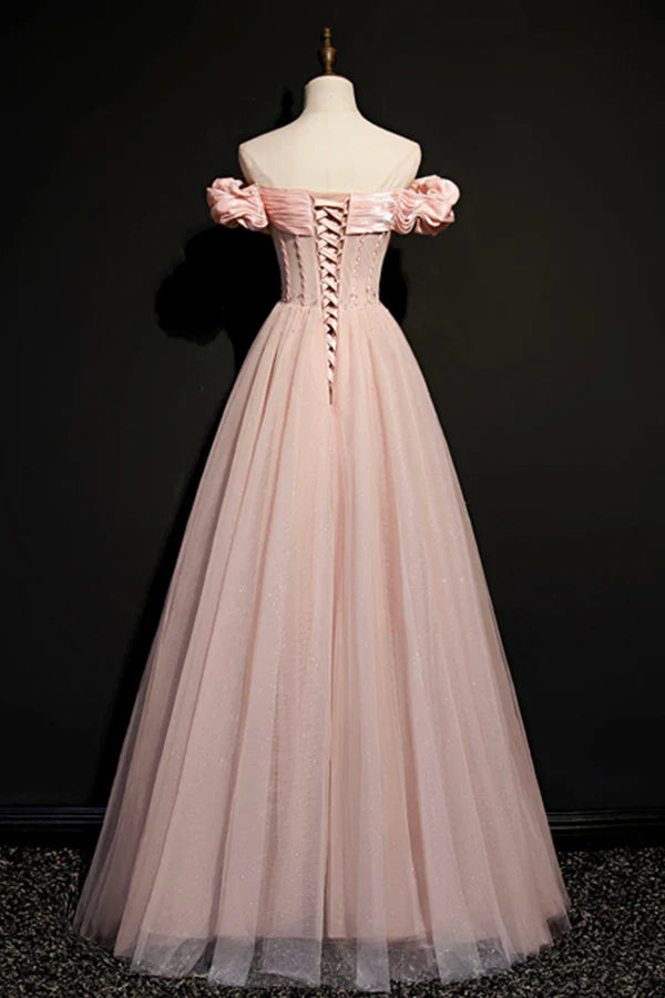 Wholesale Pink Tulle Beaded Long A-Line Prom Dress Pink Off the Shoulder Evening Dress